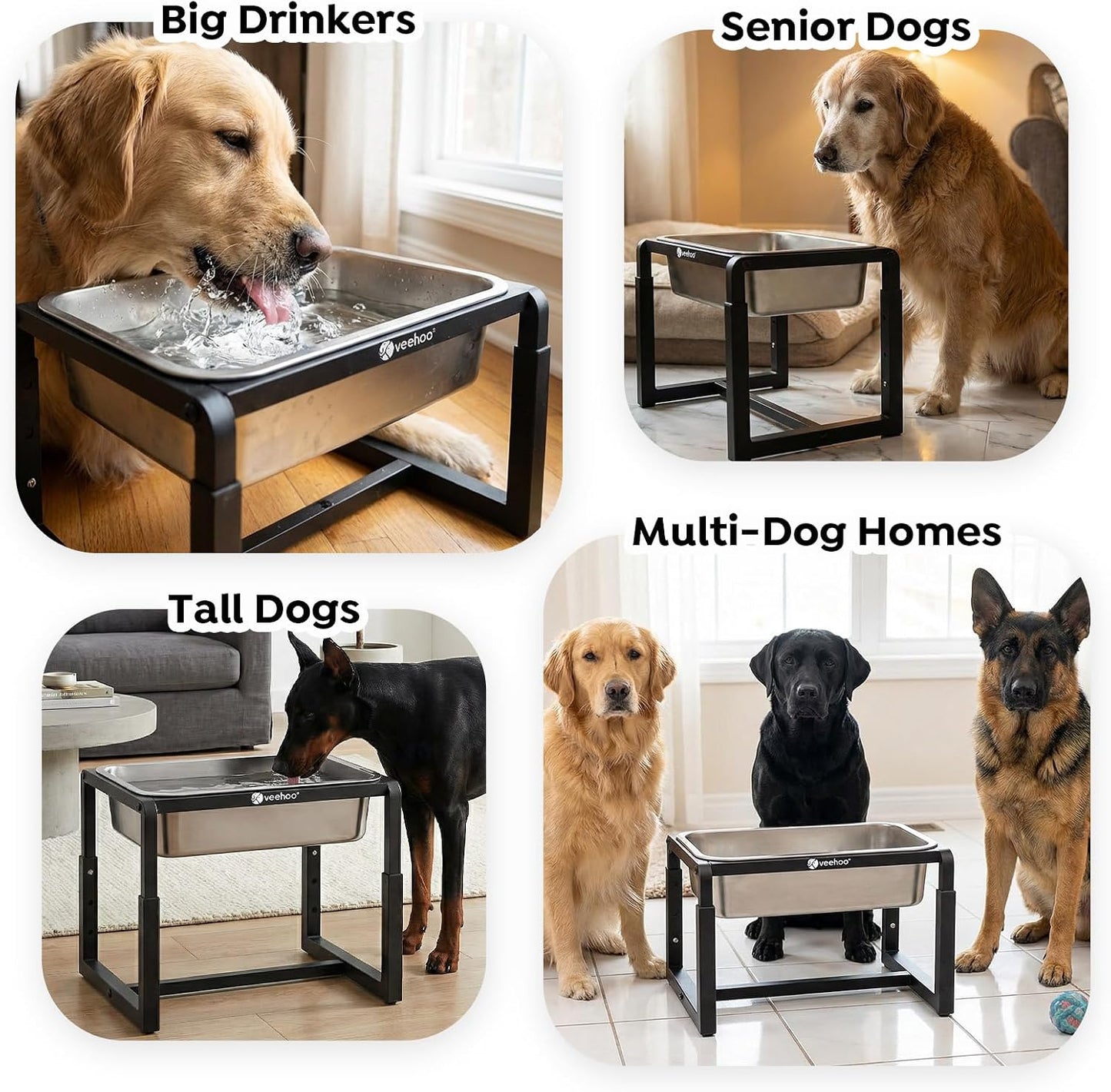 2.4 Gallon Elevated Dog Water Bowl, Stainless Steel Raised Dog Water Bowl Stand for Large Breeds, 3 Adjustable Heights Tall Dog Feeding Station for Relief Joint Pressure, Indoor & Outdoor