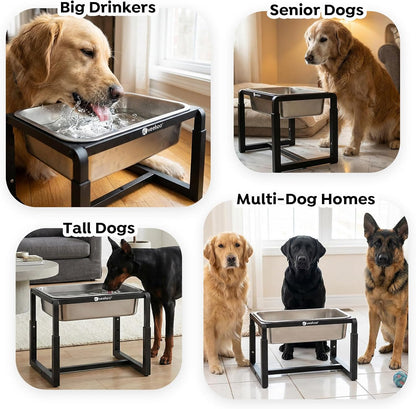 2.4 Gallon Elevated Dog Water Bowl, Stainless Steel Raised Dog Water Bowl Stand for Large Breeds, 3 Adjustable Heights Tall Dog Feeding Station for Relief Joint Pressure, Indoor & Outdoor