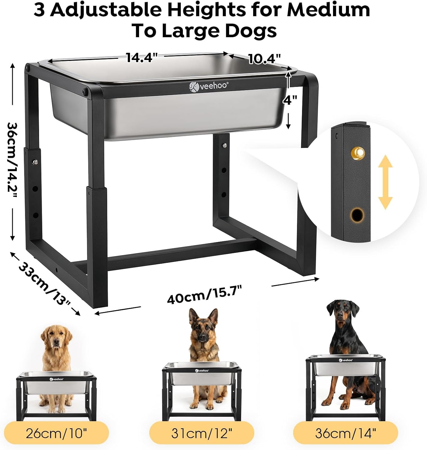2.4 Gallon Elevated Dog Water Bowl, Stainless Steel Raised Dog Water Bowl Stand for Large Breeds, 3 Adjustable Heights Tall Dog Feeding Station for Relief Joint Pressure, Indoor & Outdoor