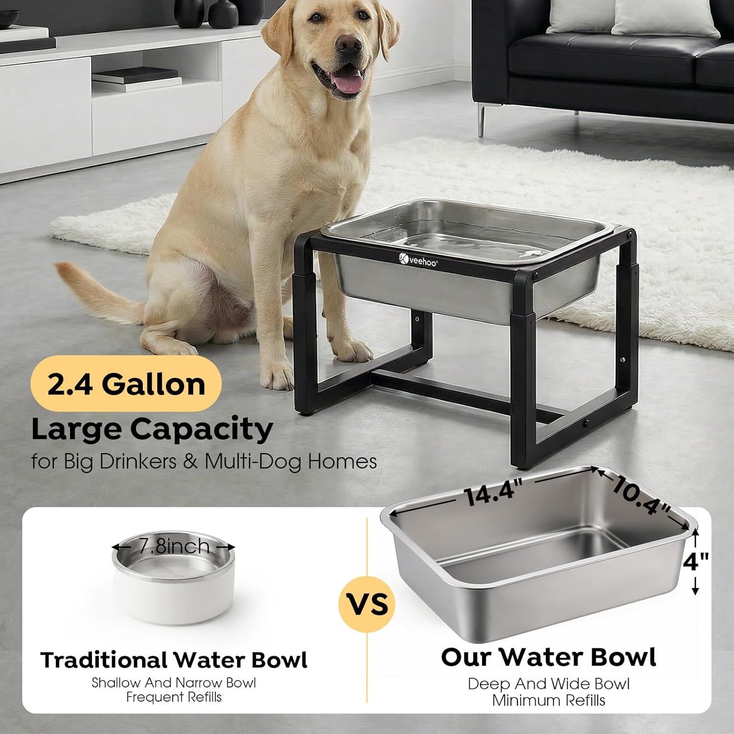 2.4 Gallon Elevated Dog Water Bowl, Stainless Steel Raised Dog Water Bowl Stand for Large Breeds, 3 Adjustable Heights Tall Dog Feeding Station for Relief Joint Pressure, Indoor & Outdoor
