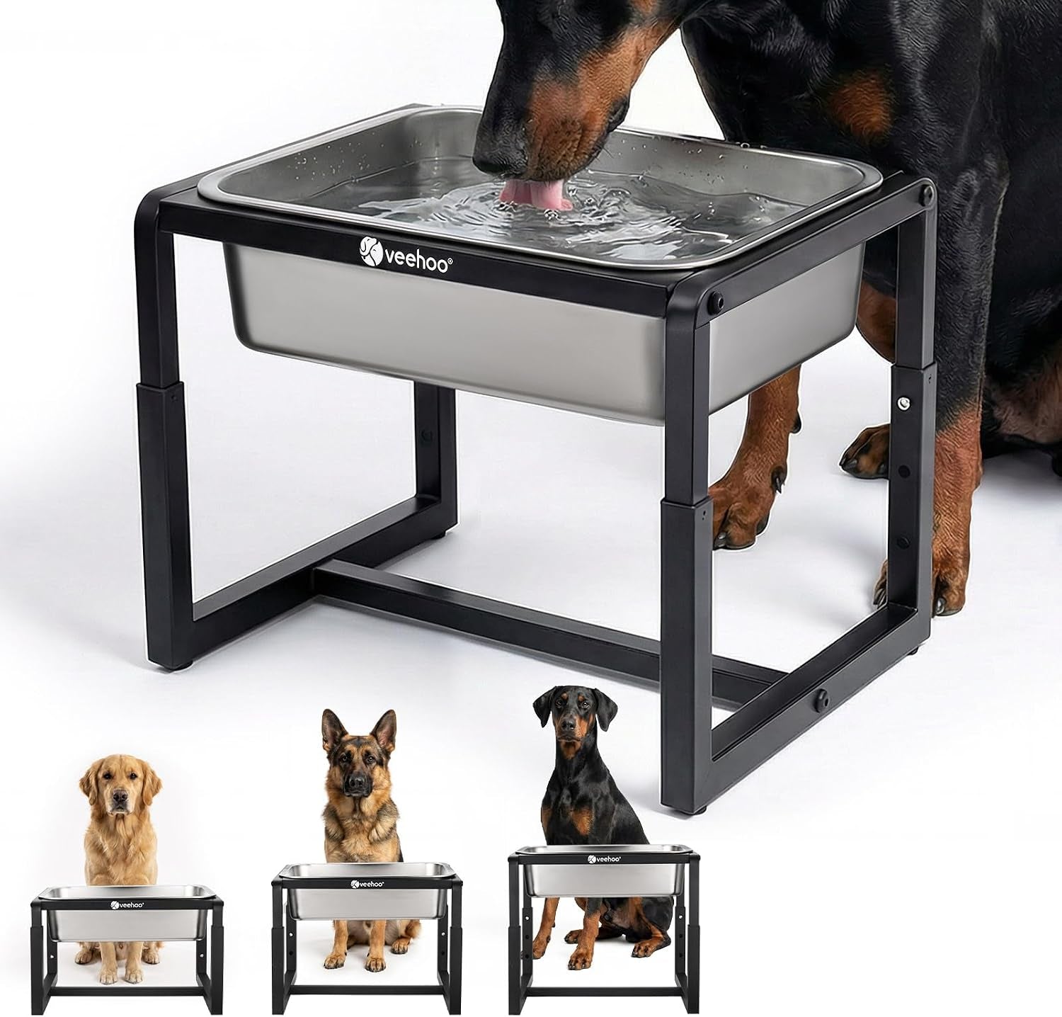 2.4 Gallon Elevated Dog Water Bowl, Stainless Steel Raised Dog Water Bowl Stand for Large Breeds, 3 Adjustable Heights Tall Dog Feeding Station for Relief Joint Pressure, Indoor & Outdoor
